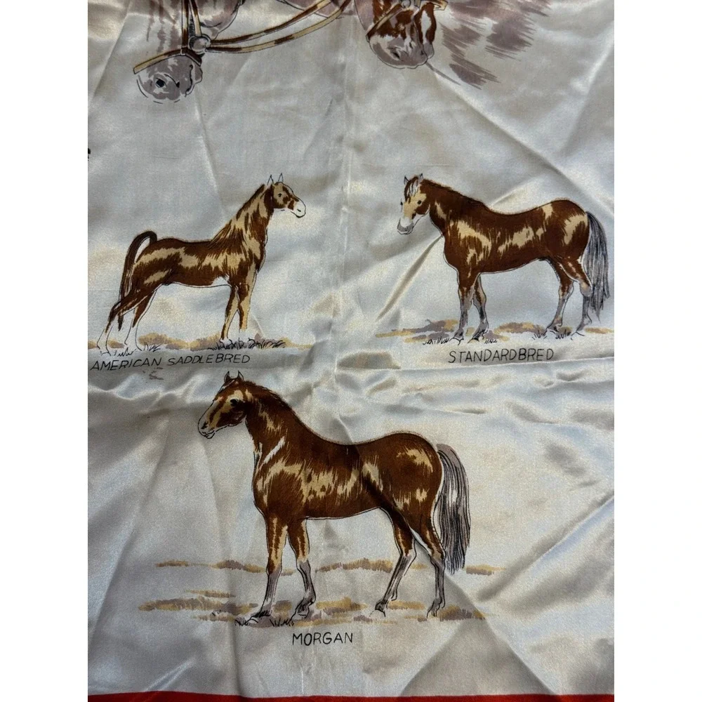 Vintage Horse Breeds Square Scarf Red White Equestrian Made in Japan 29x29